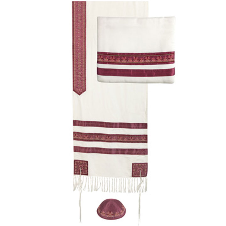 Yair Emanuel Embroidered Cotton Tallit Set Striped Design in Maroon